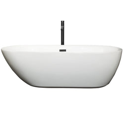 Wyndham Collection Melissa 71 Inch Freestanding Bathtub in White with Floor Mounted Faucet, Drain and Overflow Trim in Matte Black - Luxe Bathroom Vanities