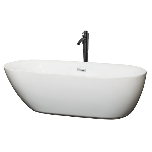 Wyndham Collection Melissa 71 Inch Freestanding Bathtub in White with Floor Mounted Faucet,  Drain and Overflow Trim - Luxe Bathroom Vanities