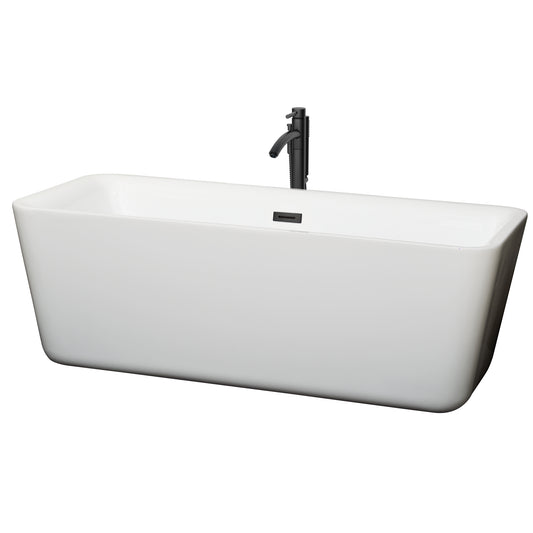 Wyndham Collection Emily 69 Inch Freestanding Bathtub in White with Floor Mounted Faucet, Drain and Overflow Trim in Matte Black - Luxe Bathroom Vanities