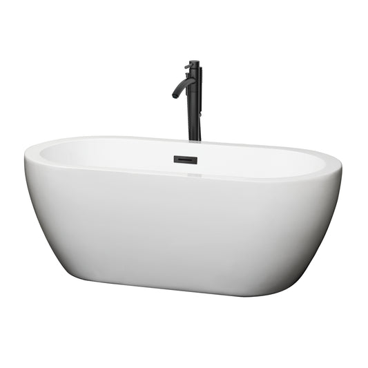 Wyndham Collection Soho 60 Inch Freestanding Bathtub in White with Floor Mounted Faucet, Drain and Overflow Trim in Matte Black - Luxe Bathroom Vanities