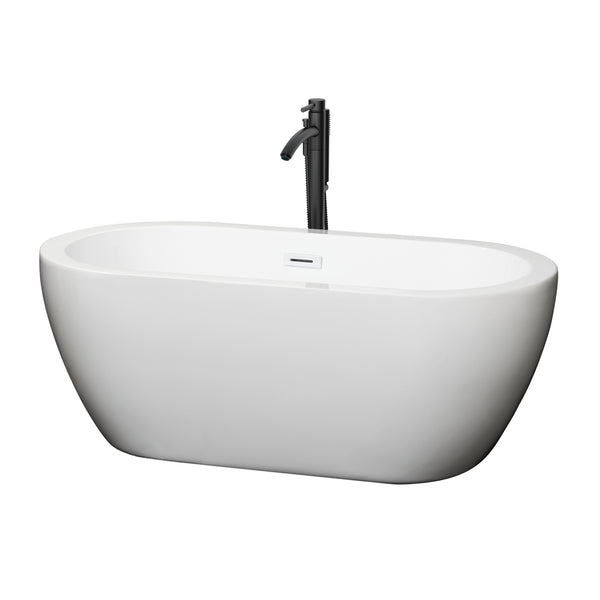 Wyndham Collection Soho 60 Inch Freestanding Bathtub in White with Floor Mounted Faucet, Drain and Overflow Trim - Luxe Bathroom Vanities