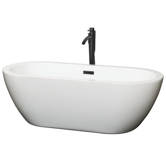 Wyndham Collection Soho 68 Inch Freestanding Bathtub in White with Floor Mounted Faucet, Drain and Overflow Trim in Matte Black - Luxe Bathroom Vanities
