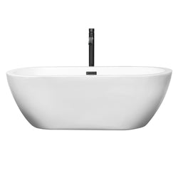 Wyndham Collection Soho 68 Inch Freestanding Bathtub in White with Floor Mounted Faucet, Drain and Overflow Trim in Matte Black - Luxe Bathroom Vanities