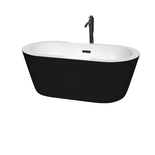 Wyndham Collection Mermaid 60 Inch Freestanding Bathtub in Black with White Interior with Floor Mounted Faucet, Drain and Overflow Trim in Matte Black - Luxe Bathroom Vanities