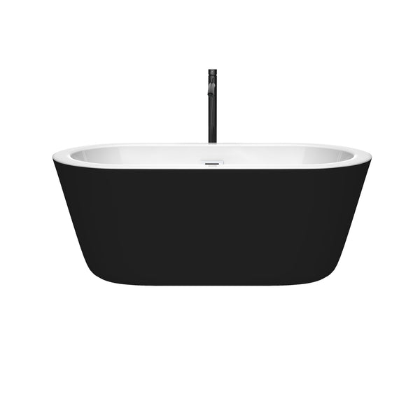 Wyndham Collection Mermaid 60 Inch Freestanding Bathtub in Black with White Interior with Floor Mounted Faucet in Matte Black, Drain and Overflow Trim - Luxe Bathroom Vanities