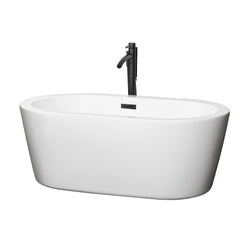 Wyndham Collection Mermaid 60 Inch Freestanding Bathtub in White with Floor Mounted Faucet, Drain and Overflow Trim in Matte Black - Luxe Bathroom Vanities