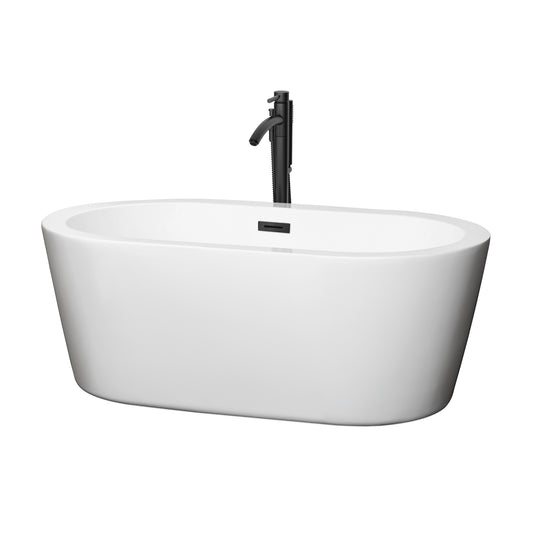 Wyndham Collection Mermaid 60 Inch Freestanding Bathtub in White with Floor Mounted Faucet, Drain and Overflow Trim in Matte Black - Luxe Bathroom Vanities