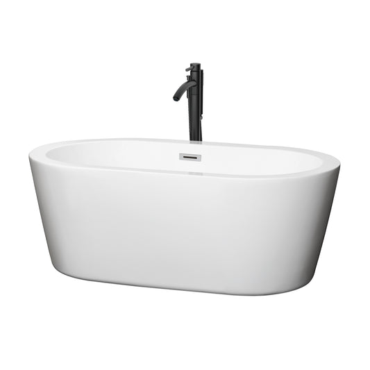 Wyndham Collection Mermaid 60 Inch Freestanding Bathtub in White with Floor Mounted Faucet,  Drain and Overflow Trim - Luxe Bathroom Vanities