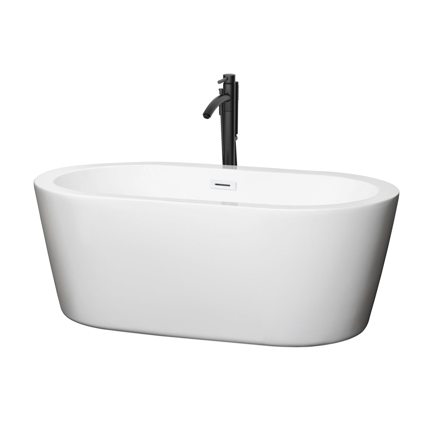 Wyndham Collection Mermaid 60 Inch Freestanding Bathtub in White with Floor Mounted Faucet,  Drain and Overflow Trim - Luxe Bathroom Vanities