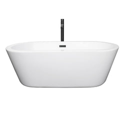 Wyndham Collection Mermaid 67 Inch Freestanding Bathtub in White with Floor Mounted Faucet, Drain and Overflow Trim in Matte Black - Luxe Bathroom Vanities