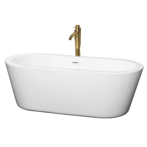 Wyndham Collection Mermaid 67 Inch Freestanding Bathtub in White with Floor Mounted Faucet, Drain and Overflow Trim - Luxe Bathroom Vanities