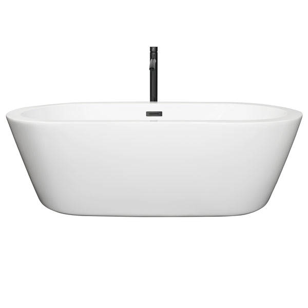 Wyndham Collection Mermaid 71 Inch Freestanding Bathtub in White with Floor Mounted Faucet, Drain and Overflow Trim in Matte Black - Luxe Bathroom Vanities