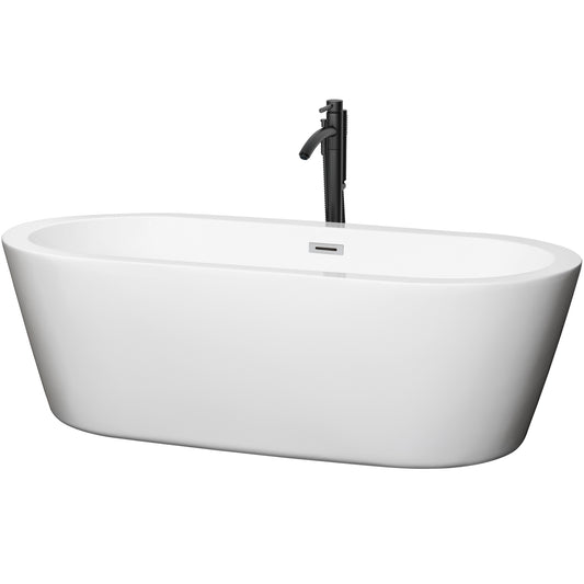 Wyndham Collection Mermaid 71 Inch Freestanding Bathtub in White with Floor Mounted Faucet, Drain and Overflow Trim - Luxe Bathroom Vanities