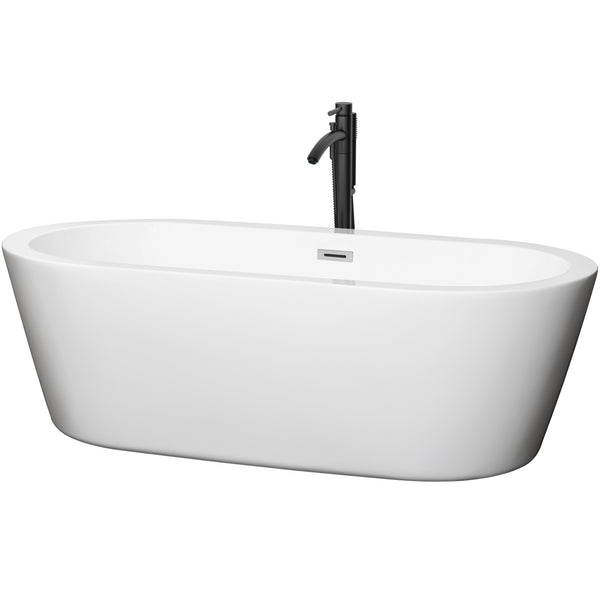 Wyndham Collection Mermaid 71 Inch Freestanding Bathtub in White with Floor Mounted Faucet, Drain and Overflow Trim - Luxe Bathroom Vanities