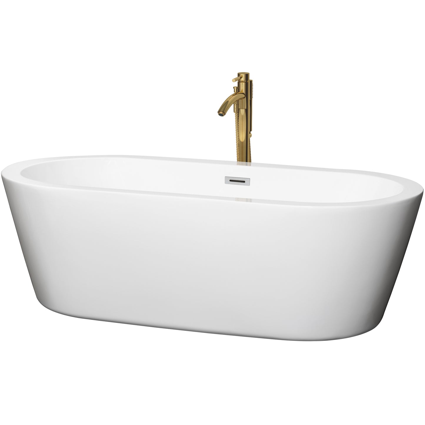 Wyndham Collection Mermaid 71 Inch Freestanding Bathtub in White with Floor Mounted Faucet, Drain and Overflow Trim - Luxe Bathroom Vanities