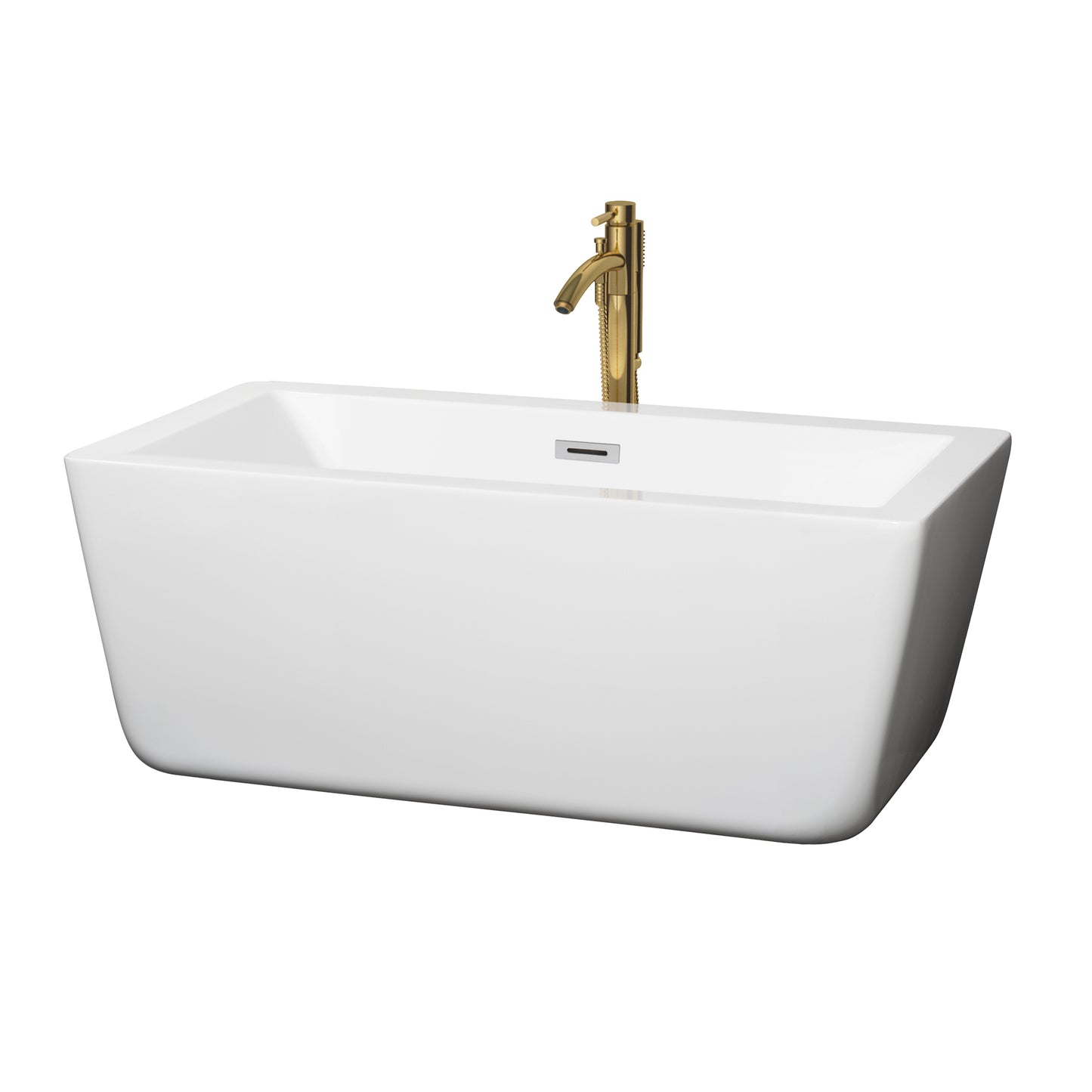 Wyndham Collection Laura 59 Inch Freestanding Bathtub in White with Floor Mounted Faucet, Drain and Overflow Trim - Luxe Bathroom Vanities