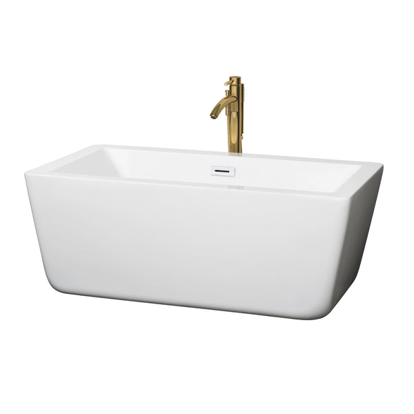 Wyndham Collection Laura 59 Inch Freestanding Bathtub in White with Floor Mounted Faucet, Drain and Overflow Trim - Luxe Bathroom Vanities