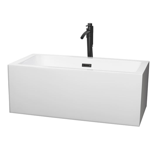 Wyndham Collection Melody 60 Inch Freestanding Bathtub in White with Floor Mounted Faucet, Drain and Overflow Trim in Matte Black - Luxe Bathroom Vanities