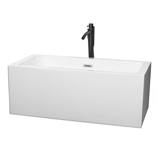 Wyndham Collection Melody 60 Inch Freestanding Bathtub in White with Floor Mounted Faucet, Drain and Overflow Trim - Luxe Bathroom Vanities