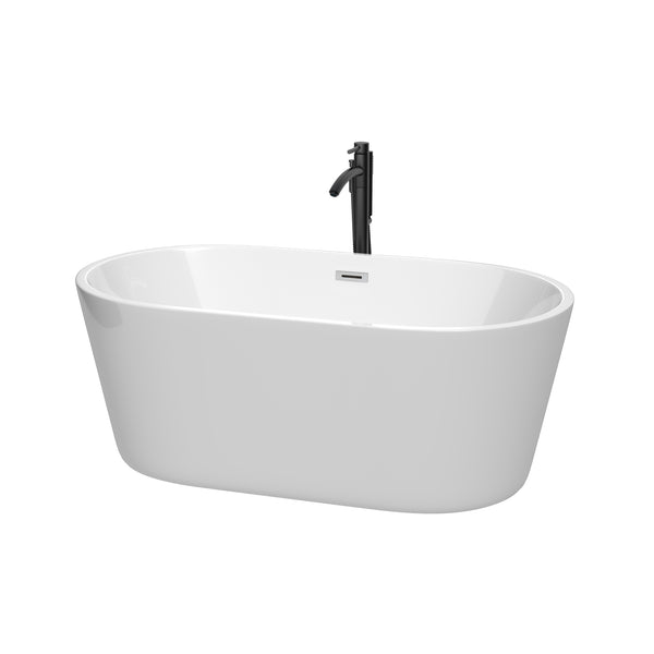 Wyndham Collection Carissa 60 Inch Freestanding Bathtub in White with Floor Mounted Faucet, Drain and Overflow Trim - Luxe Bathroom Vanities