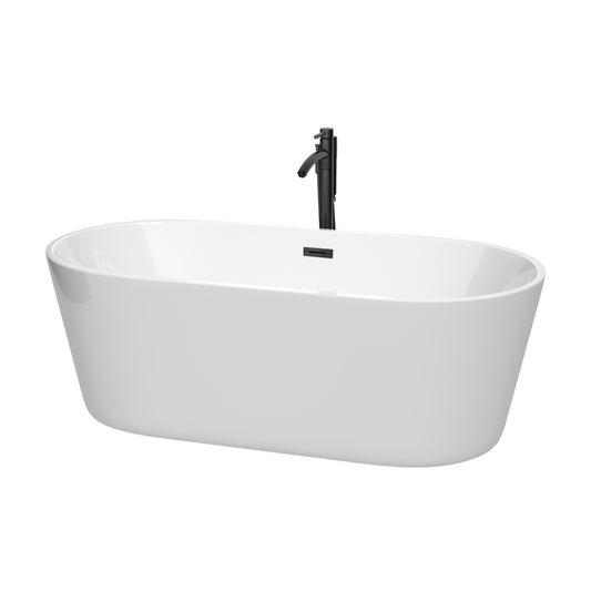 Wyndham Collection Carissa 67 Inch Freestanding Bathtub in White with Floor Mounted Faucet, Drain and Overflow Trim in Matte Black - Luxe Bathroom Vanities