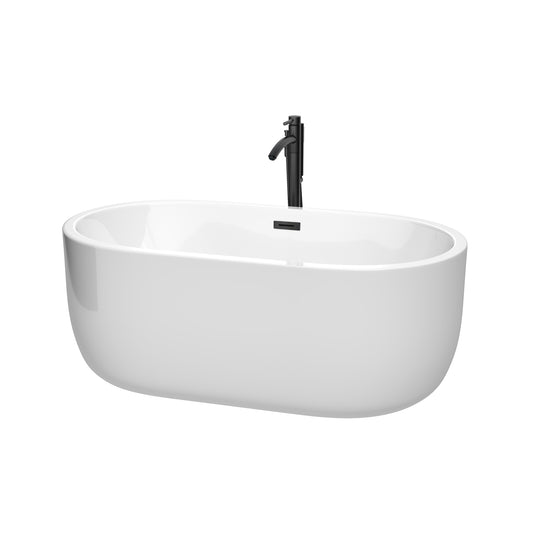 Wyndham Collection Juliette 60 Inch Freestanding Bathtub in White with Floor Mounted Faucet, Drain and Overflow Trim in Matte Black - Luxe Bathroom Vanities