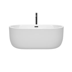 Wyndham Collection Juliette 60 Inch Freestanding Bathtub in White with Floor Mounted Faucet, Drain and Overflow Trim in Matte Black - Luxe Bathroom Vanities