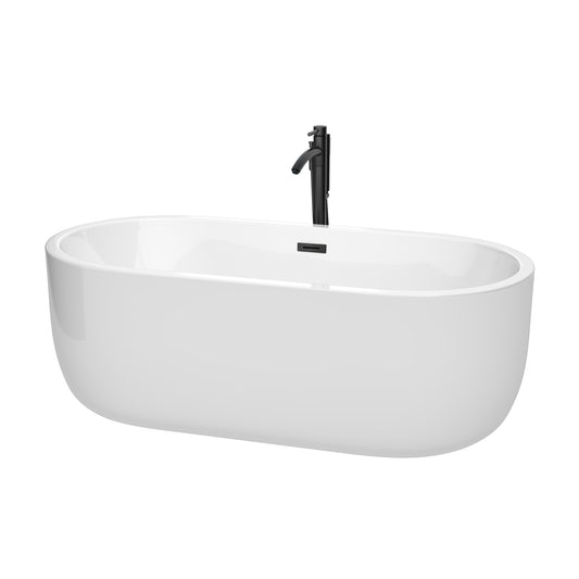 Wyndham Collection Juliette 67 Inch Freestanding Bathtub in White with Floor Mounted Faucet, Drain and Overflow Trim in Matte Black - Luxe Bathroom Vanities