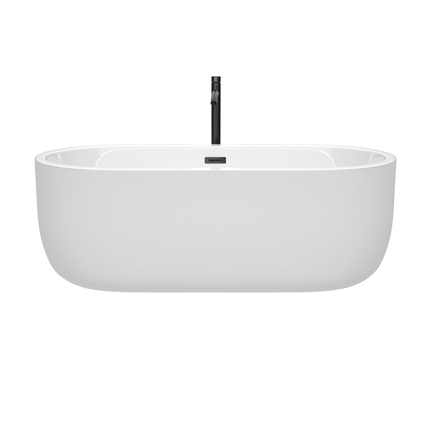 Wyndham Collection Juliette 67 Inch Freestanding Bathtub in White with Floor Mounted Faucet, Drain and Overflow Trim in Matte Black - Luxe Bathroom Vanities