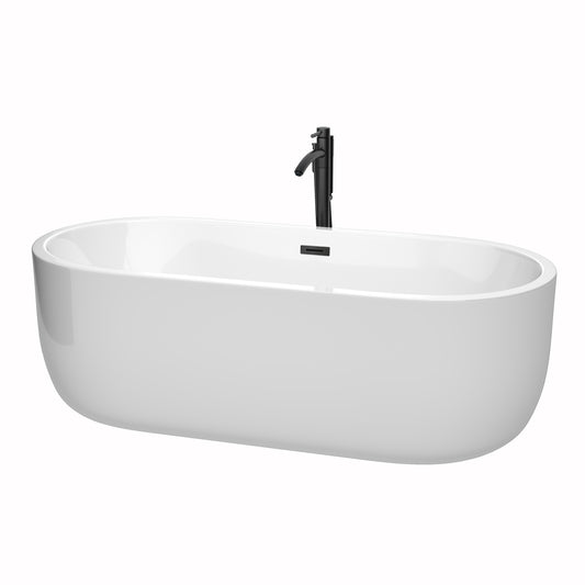 Wyndham Collection Juliette 71 Inch Freestanding Bathtub in White with Floor Mounted Faucet, Drain and Overflow Trim in Matte Black - Luxe Bathroom Vanities