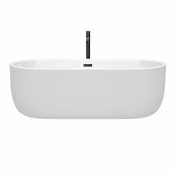Wyndham Collection Juliette 71 Inch Freestanding Bathtub in White with Floor Mounted Faucet, Drain and Overflow Trim in Matte Black - Luxe Bathroom Vanities