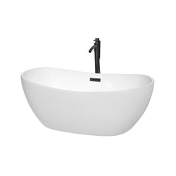 Wyndham Collection Rebecca 60 Inch Freestanding Bathtub in White with Floor Mounted Faucet, Drain and Overflow Trim in Matte Black - Luxe Bathroom Vanities