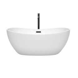 Wyndham Collection Rebecca 60 Inch Freestanding Bathtub in White with Floor Mounted Faucet, Drain and Overflow Trim in Matte Black - Luxe Bathroom Vanities