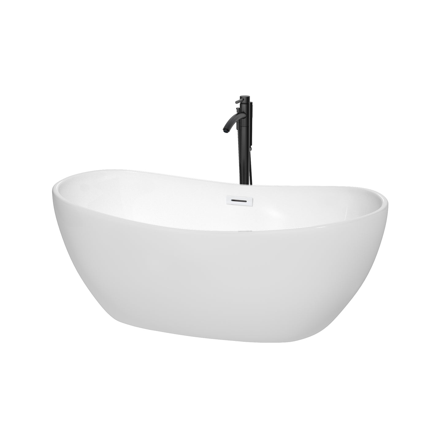 Wyndham Collection Rebecca 60 Inch Freestanding Bathtub in White with Floor Mounted Faucet, Drain and Overflow Trim - Luxe Bathroom Vanities