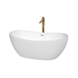 Wyndham Collection Rebecca 60 Inch Freestanding Bathtub in White with Floor Mounted Faucet, Drain and Overflow Trim - Luxe Bathroom Vanities