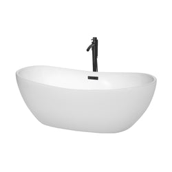 Wyndham Collection Rebecca 65 Inch Freestanding Bathtub in White with Floor Mounted Faucet, Drain and Overflow Trim in Matte Black - Luxe Bathroom Vanities