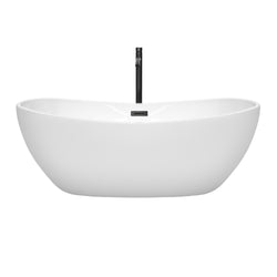 Wyndham Collection Rebecca 65 Inch Freestanding Bathtub in White with Floor Mounted Faucet, Drain and Overflow Trim in Matte Black - Luxe Bathroom Vanities