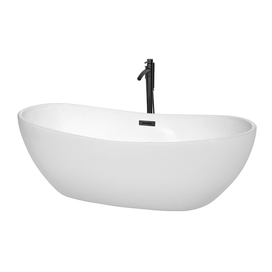 Wyndham Collection Rebecca 70 Inch Freestanding Bathtub in White with Floor Mounted Faucet, Drain and Overflow Trim in Matte Black - Luxe Bathroom Vanities