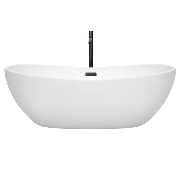 Wyndham Collection Rebecca 70 Inch Freestanding Bathtub in White with Floor Mounted Faucet, Drain and Overflow Trim in Matte Black - Luxe Bathroom Vanities