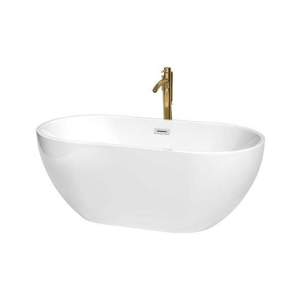 Wyndham Collection Brooklyn 60 Inch Freestanding Bathtub in White with Floor Mounted Faucet, Drain ,Overflow Trim - Luxe Bathroom Vanities