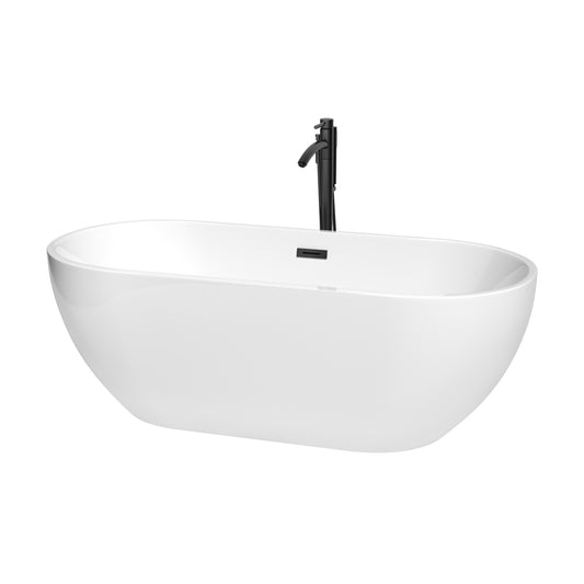 Wyndham Collection Brooklyn 67 Inch Freestanding Bathtub in White with Floor Mounted Faucet, Drain and Overflow Trim in Matte Black - Luxe Bathroom Vanities