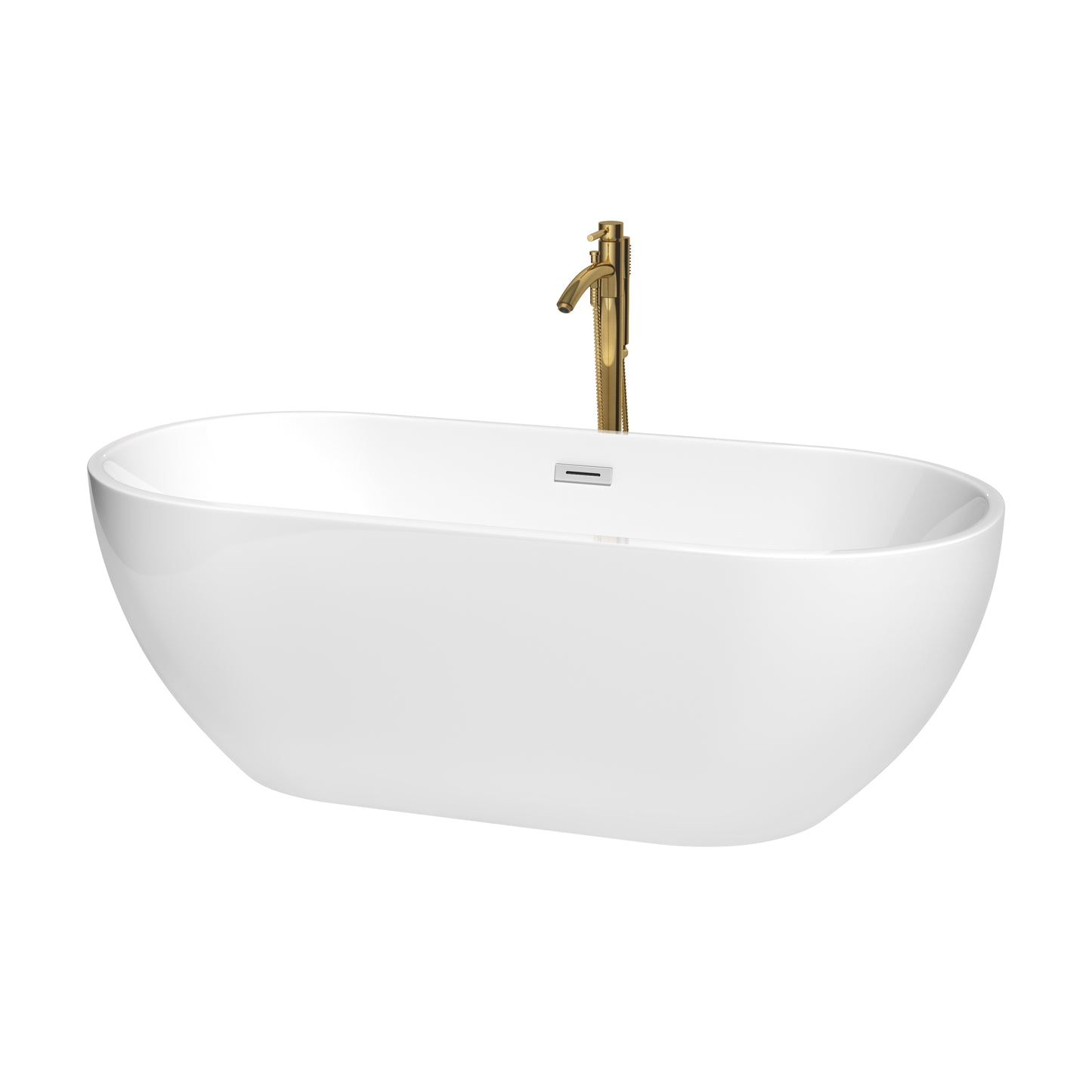 Wyndham Collection Brooklyn 67 Inch Freestanding Bathtub in White with Floor Mounted Faucet, Drain ,Overflow Trim - Luxe Bathroom Vanities