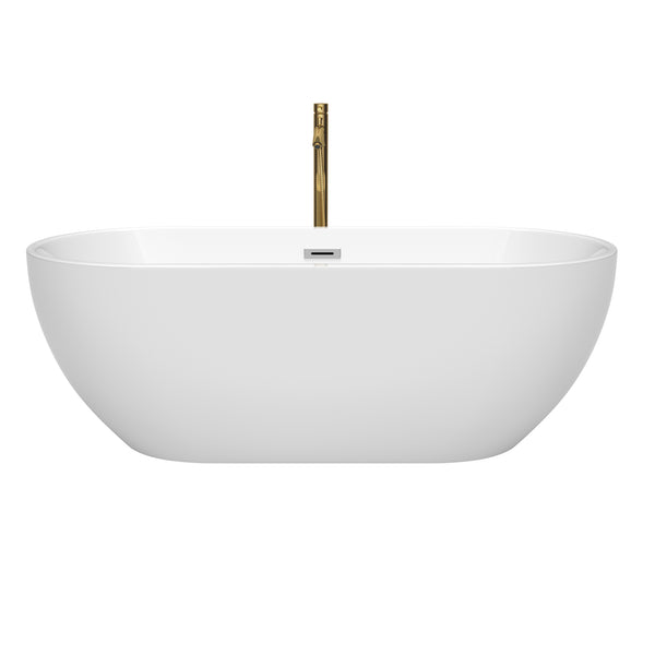 Wyndham Collection Brooklyn 67 Inch Freestanding Bathtub in White with Floor Mounted Faucet, Drain ,Overflow Trim - Luxe Bathroom Vanities
