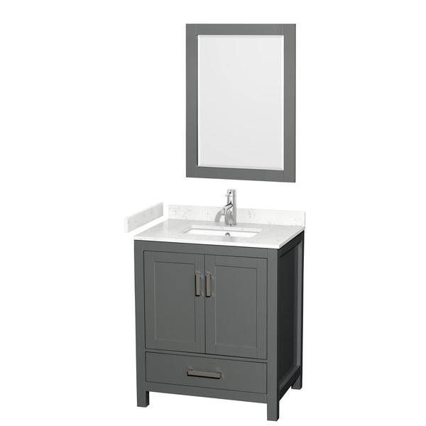 Wyndham Collection Sheffield 30 Inch Single Bathroom Vanity in Dark Gray, Marble Countertop, Undermount Square Sink, 24 Inch Mirror - Luxe Bathroom Vanities