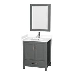 Wyndham Collection Sheffield 30 Inch Single Bathroom Vanity in Dark Gray, Marble Countertop, Undermount Square Sink, 24 Inch Mirror - Luxe Bathroom Vanities