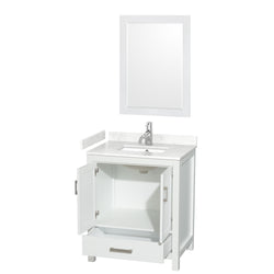 Wyndham Collection Sheffield 30 Inch Single Bathroom Vanity in White, Marble Countertop, Undermount Square Sink, 24 Inch Mirror - Luxe Bathroom Vanities