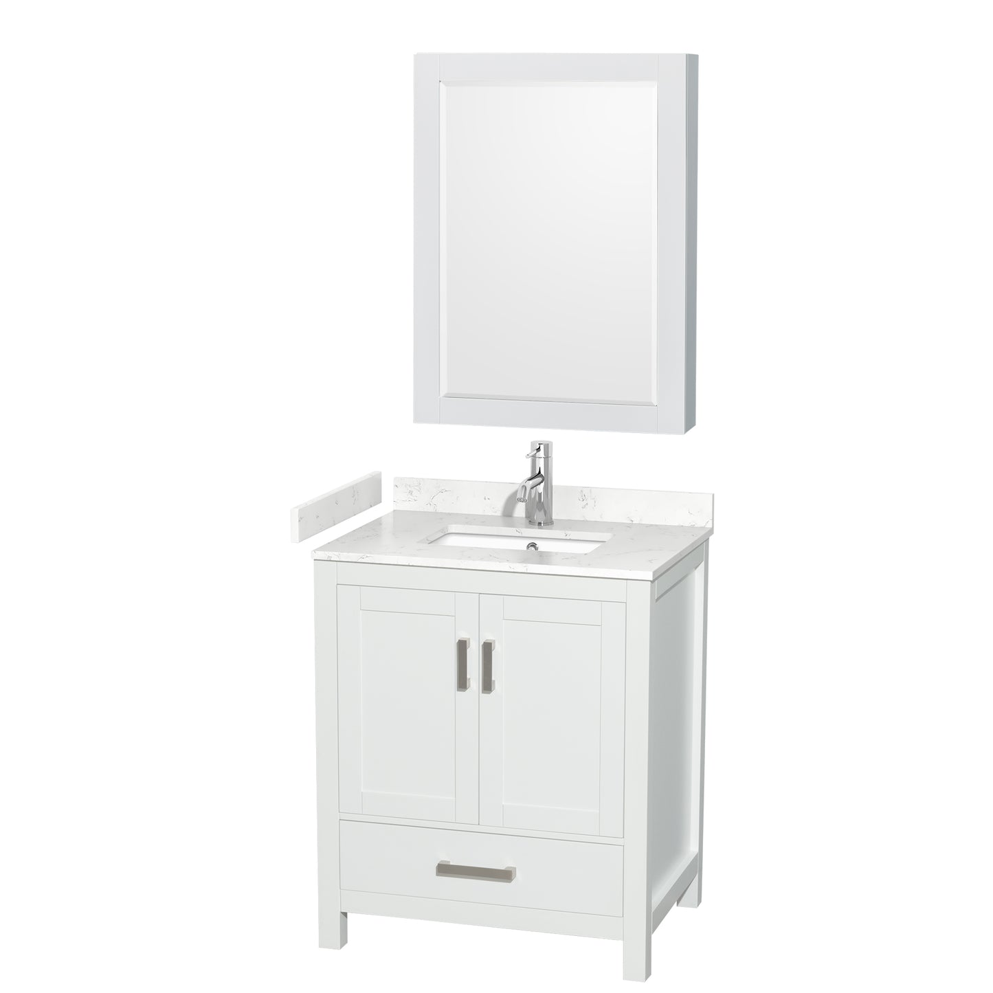 Wyndham Collection Sheffield 30 Inch Single Bathroom Vanity in White, Marble Countertop, Undermount Square Sink, 24 Inch Mirror - Luxe Bathroom Vanities