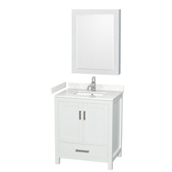 Wyndham Collection Sheffield 30 Inch Single Bathroom Vanity in White, Marble Countertop, Undermount Square Sink, 24 Inch Mirror - Luxe Bathroom Vanities