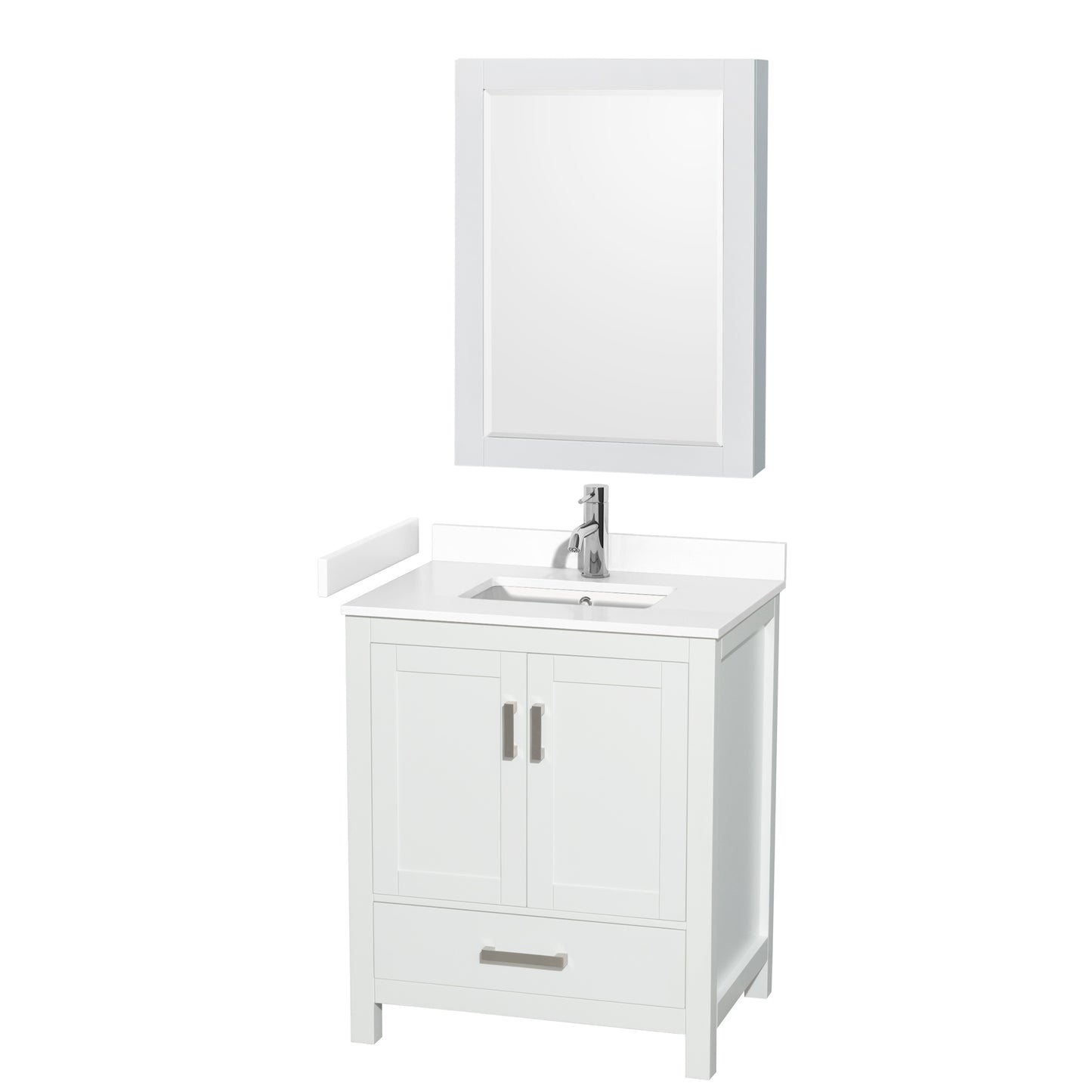 Wyndham Collection Sheffield 30 Inch Single Bathroom Vanity in White, Marble Countertop, Undermount Square Sink, 24 Inch Mirror - Luxe Bathroom Vanities