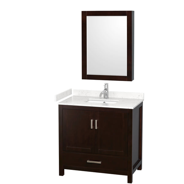 Wyndham Collection Sheffield 36 Inch Single Bathroom Vanity in Espresso, Marble Countertop, Undermount Square Sink, 24 Inch Mirror - Luxe Bathroom Vanities